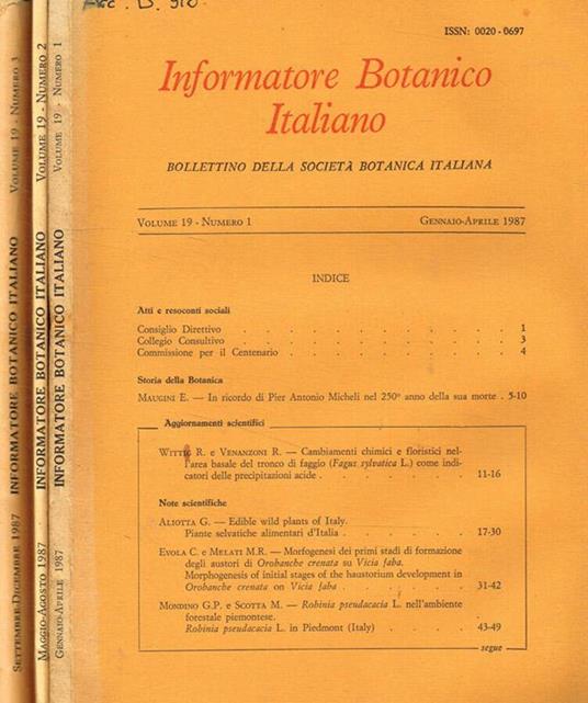 Informatore botanico italiano. Bollettino della societa botanica italiana. Vol.19, fasc.1, 2, 3, anno 1987 - Franco Pedrotti - copertina