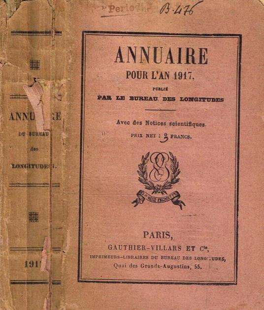 Annuaire pour l'an 1917, publié par le bureau des longitudes - copertina