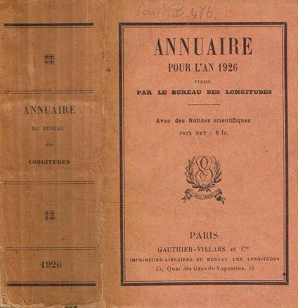 Annuaire pour l'an 1926, publie par le bureau des longitudes - copertina