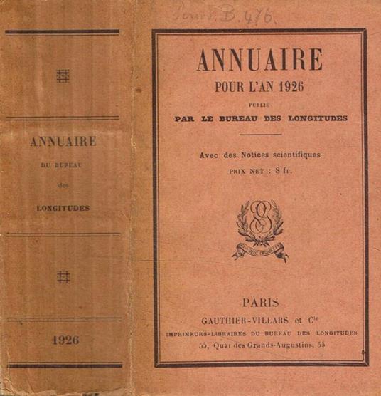 Annuaire pour l'an 1926, publie par le bureau des longitudes - copertina