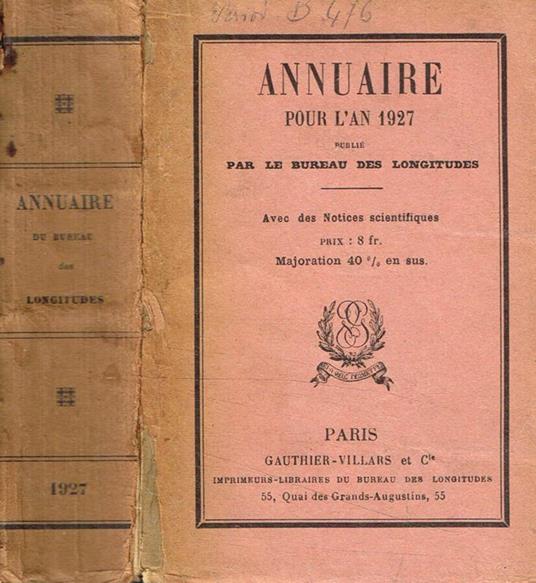 Annuaire pour l'an 1927, publié par le bureau des longitudes - copertina