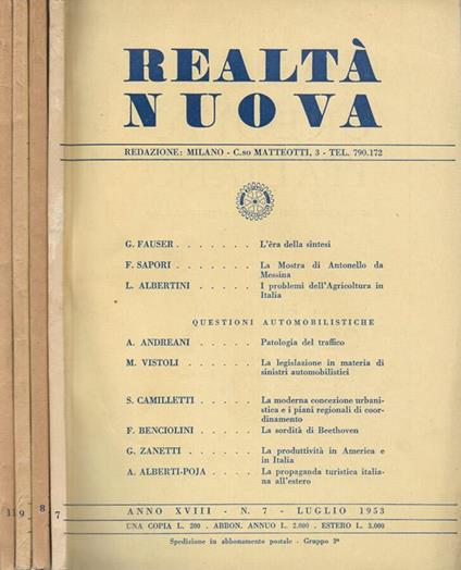 Realtà nuova N.7,8,9,11 anno XVIII -1953 - copertina