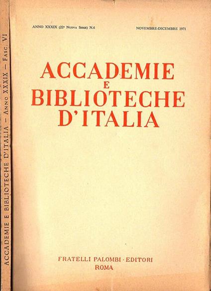 Accademie e Biblioteche d' Italia. Anno XXXIX n. 6 - copertina