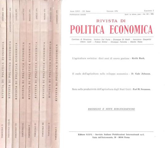 Rivista di politica economica Anno LXVI, Serie III, Fascicolo I,II,III,IV,V,VI,VII,VIII-IX,X, 1976 - copertina