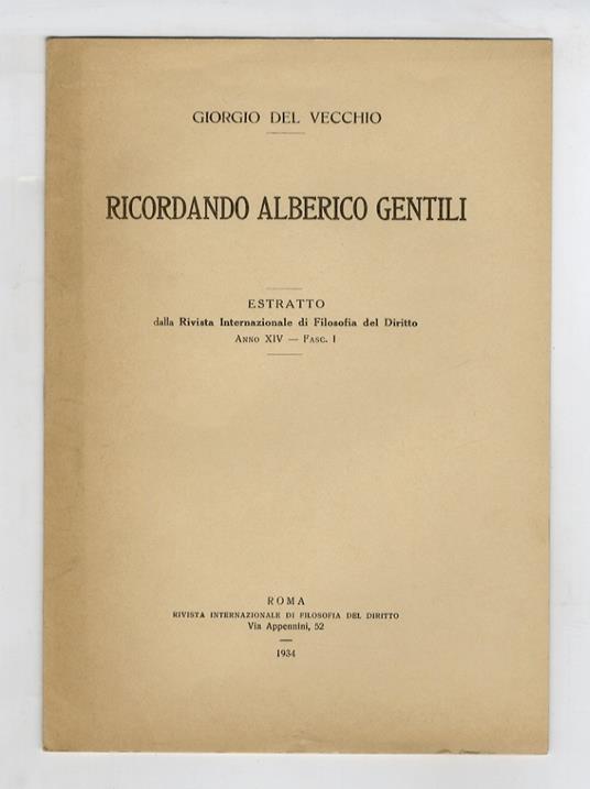 Ricordando Alberico Gentili - Giorgio Del Vecchio - copertina