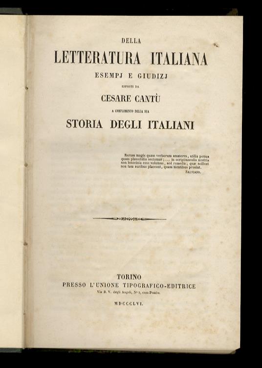 Della Letteratura italiana, esempj e giudizj. A complemento della sua Storia degli Italiani - Cesare Cantù - copertina