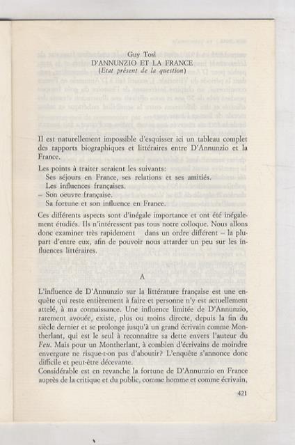 D'Annunzio et la France. (Etat présent de la question) - Guy Tosi - copertina