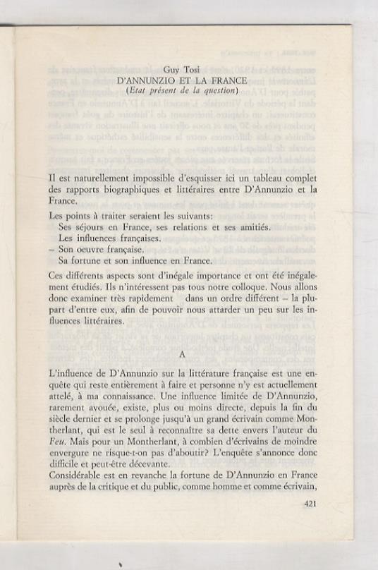 D'Annunzio et la France. (Etat présent de la question) - Guy Tosi - copertina