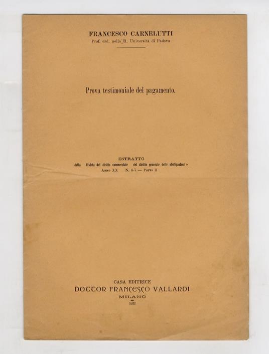Prova testimoniale del pagamento - Francesco Carnelutti - copertina