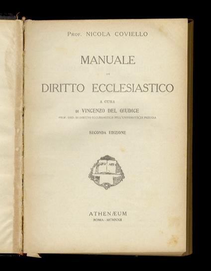 Manuale di diritto ecclesiastico, a cura di Vincenzo Del Giudice. Seconda edizione - Nicola Coviello - copertina