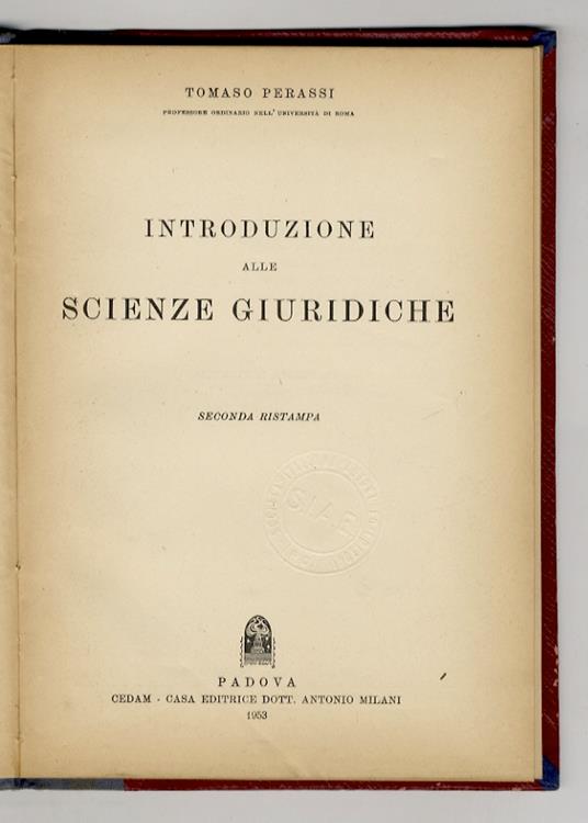 Introduzione alle scienze giuridiche. Seconda ristampa - Tomaso Perassi - copertina