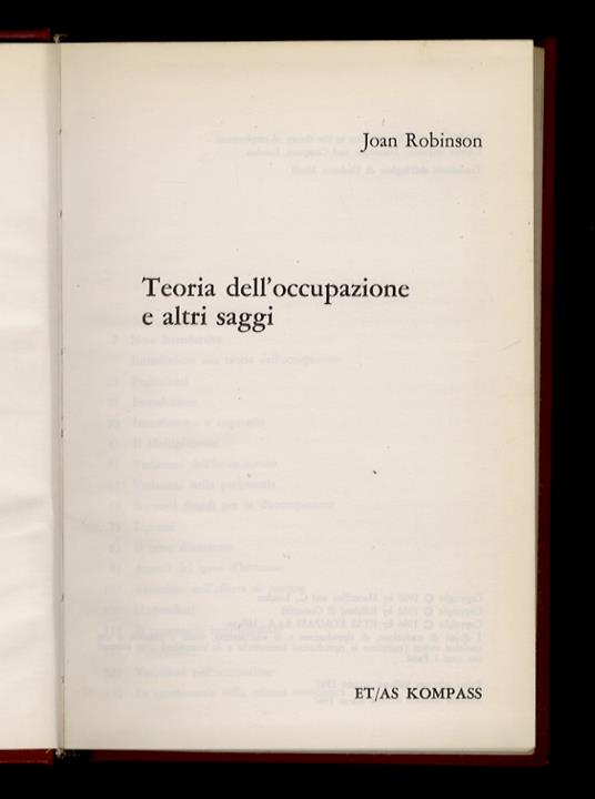 Teoria dell'occupazione e altri saggi - Joan Robinson - copertina