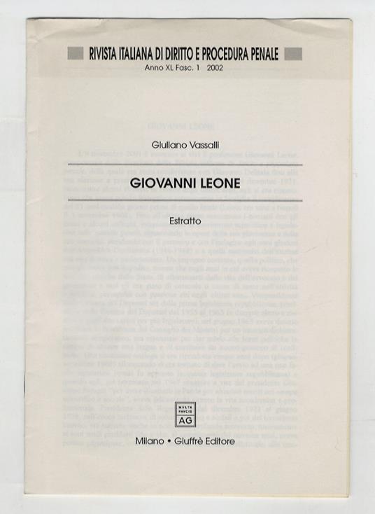 Giovanni Leone. (Necrologio) - Giuliano Vassalli - copertina