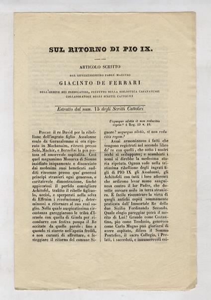 Sul ritorno di Pio IX. Articolo scritto dal reverendissimo padre maestro Giacinto De Ferrari [...] Estratto dal num. 15 degli Scritti Cattolici - Giacinto De Ferrari - copertina