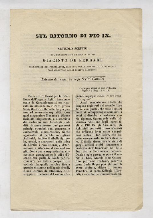 Sul ritorno di Pio IX. Articolo scritto dal reverendissimo padre maestro Giacinto De Ferrari [...] Estratto dal num. 15 degli Scritti Cattolici - Giacinto De Ferrari - copertina