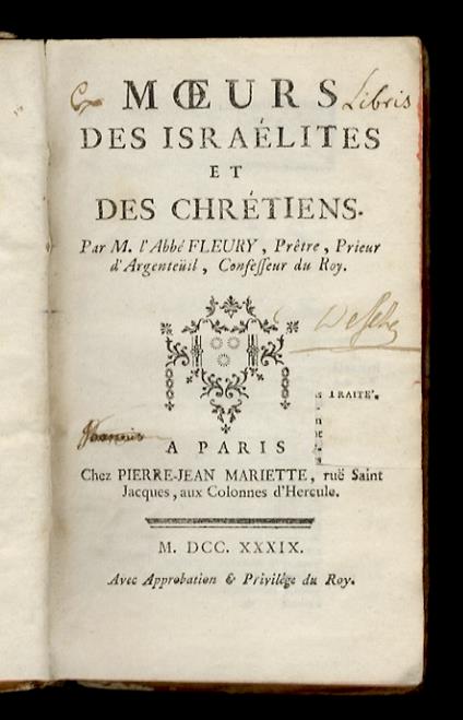 Moeurs des israelites et chretiens. Par m. l'abbe Fleury [...] - Claude Fleury - copertina