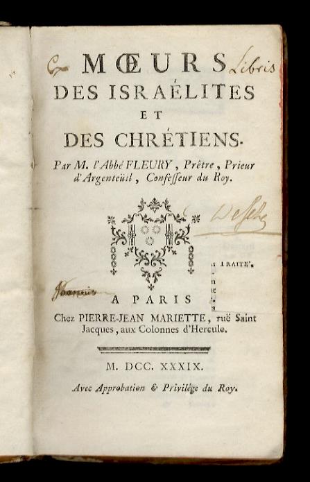 Moeurs des israelites et chretiens. Par m. l'abbe Fleury [...] - Claude Fleury - copertina
