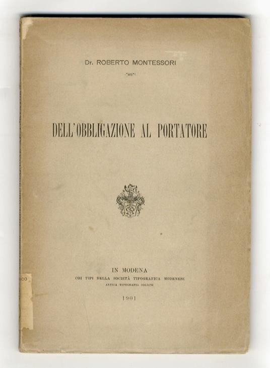 Dell'obbligazione al portatore - Roberto Montessori - copertina