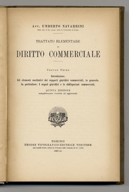 Trattato elementare di diritto commerciale - Umberto Navarrini - copertina