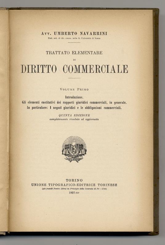 Trattato elementare di diritto commerciale - Umberto Navarrini - copertina