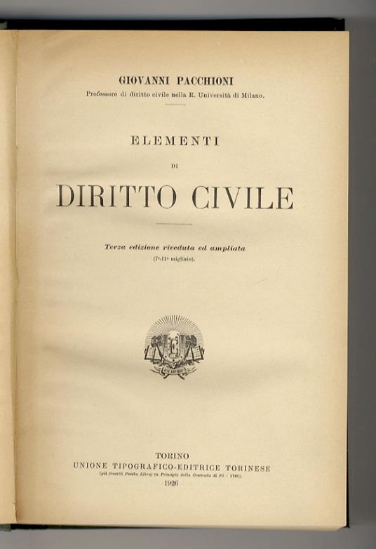 Elementi di diritto civile. Terza edizione riveduta ed ampliata - Giovanni Pacchioni - copertina
