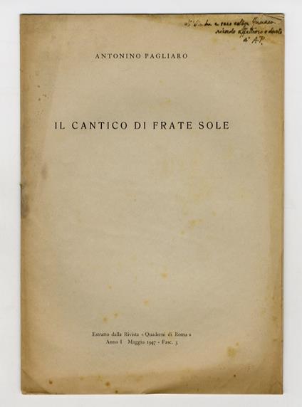 Il cantico di Frate Sole. Estratto dalla Rivista "Quaderni di Roma", anno I, Maggio 1947, fasc. 3 - Antonino Pagliaro - copertina