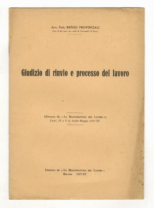 Giudizio di rinvio e processo del lavoro - Renzo Provinciali - copertina