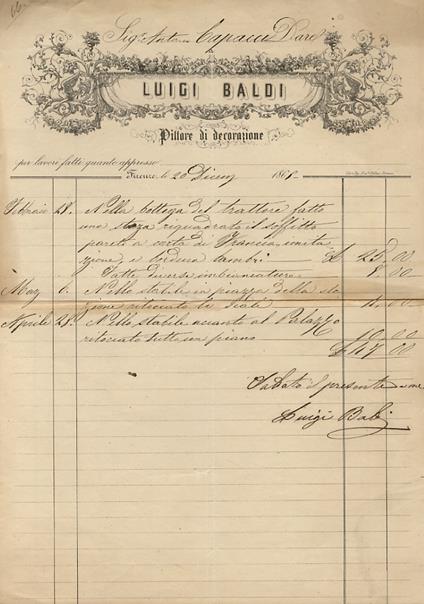 Fattura del pittore-decoratore Luigi Baldi di Firenze, intestata al Sig Antonio Capacci, datata 20 dicembre 1868 - copertina