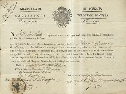 Noi Ferdinando Giuli, Capitano Comandante la prima Compagnia del secondo Battaglione dei Cacciatori Volontari di Costa, con la presente Lettera Patente facciamo noto, che il Nominato Pannocchia Emilio nativo di Lari, domiciliato a Lari è stato ammess - copertina