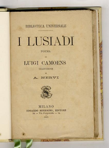 I Lusiadi. Poema di Luigi Camoens. Traduzione di A. Nervi - copertina