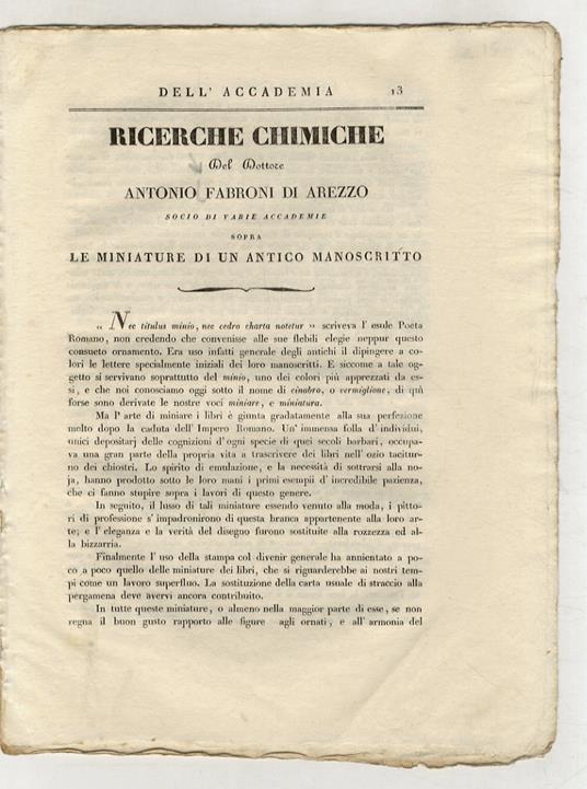 Ricerche chimiche del dottore Antonio Fabbroni di Arezzo [...] sopra le miniature di un antico manoscritto - copertina