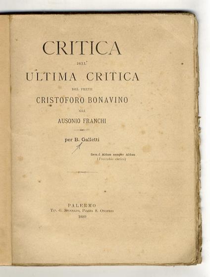 Critica dell'ultima critica del prete Cristoforo Bonavino già Ausonio Franchi - copertina