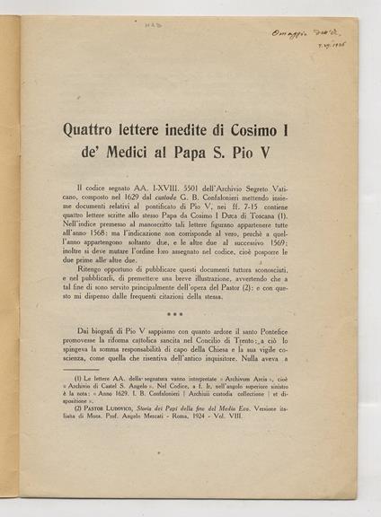 Quattro lettere inedite di Cosimo I de' Medici al Papa S. Pio V - copertina