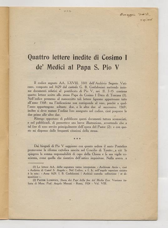 Quattro lettere inedite di Cosimo I de' Medici al Papa S. Pio V - copertina