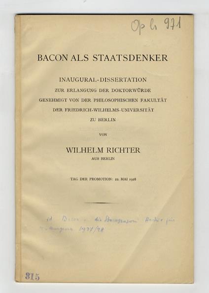 Bacon als Staatsdenker. Inaugural-Dissertation [...] - copertina
