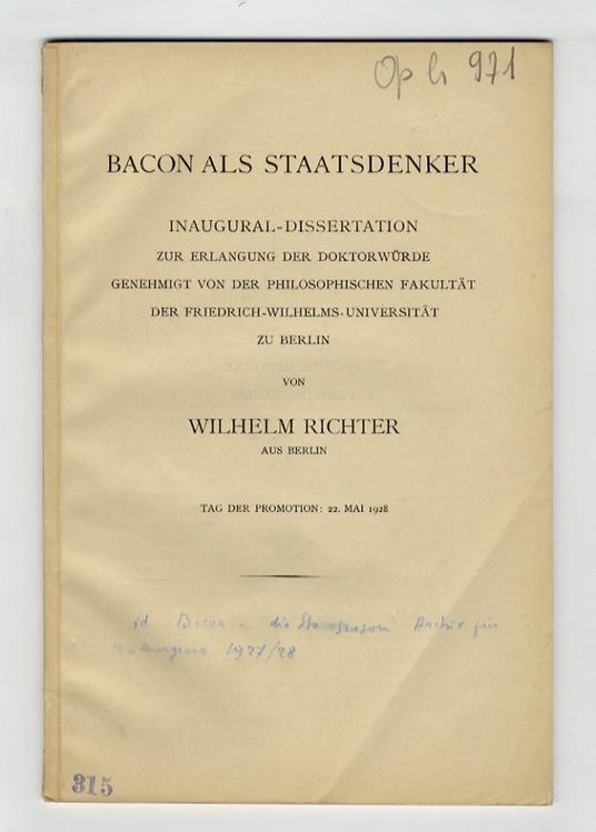 Bacon als Staatsdenker. Inaugural-Dissertation [...] - copertina