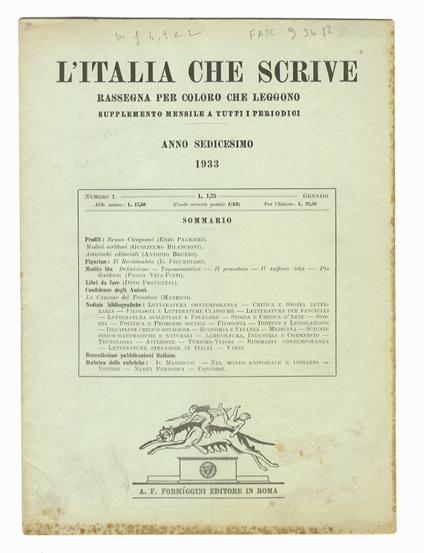 ITALIA (L') che scrive. Rassegna per coloro che leggono. Supplemento mensile a tutti i periodici. Anno diciassettesimo. 1933. Fascicoli n. 1, 2, 3, 5, 6, 7, 8, 10, 11 - copertina