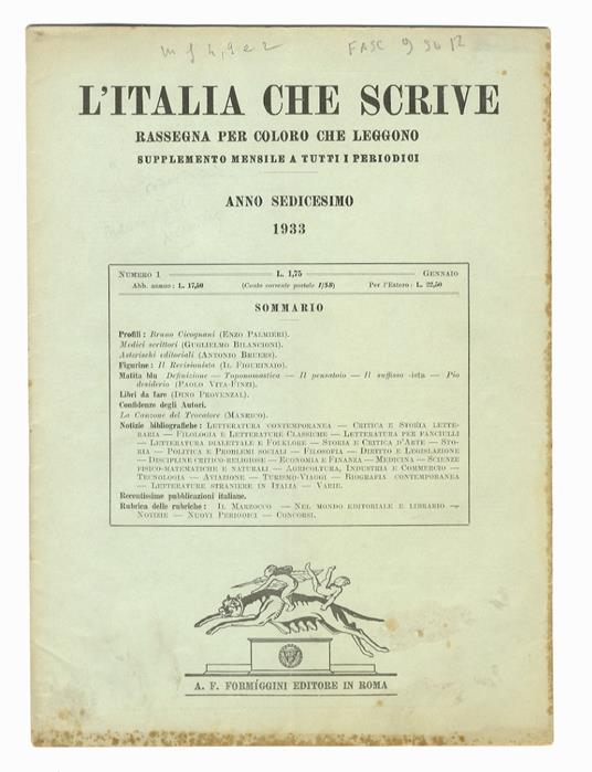 ITALIA (L') che scrive. Rassegna per coloro che leggono. Supplemento mensile a tutti i periodici. Anno diciassettesimo. 1933. Fascicoli n. 1, 2, 3, 5, 6, 7, 8, 10, 11 - copertina