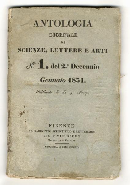ANTOLOGIA. Giornale di scienze, lettere e arti. Volume primo del secondo decennio. Gennaio, febbraio e marzo 1831 - copertina