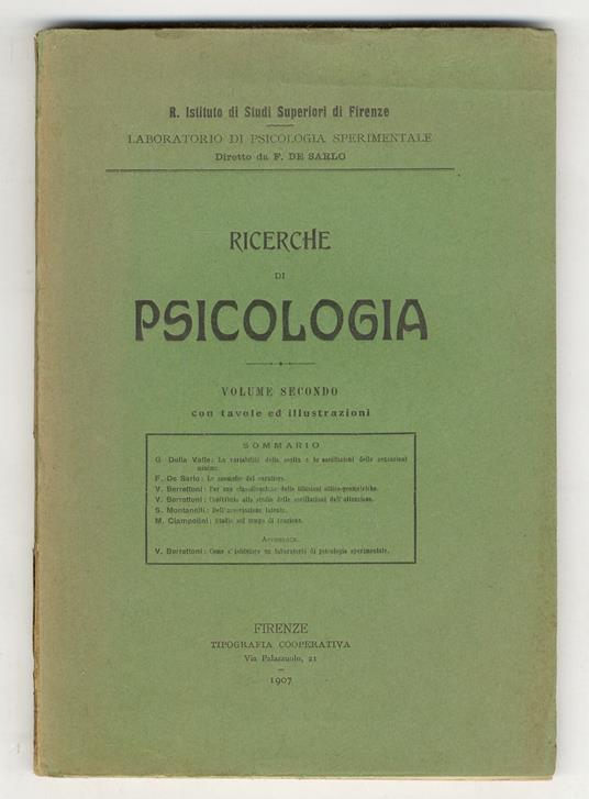 Ricerche di psicologia. Volume secondo. Volume secondo. Con tavole e illustrazioni - copertina