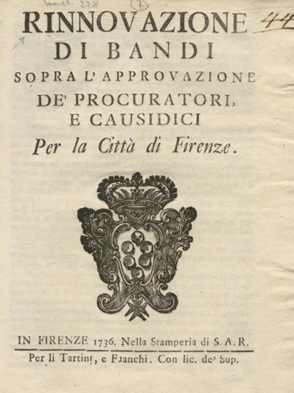 Rinnovazione di bandi sopra l'approvazione de' procuratori e causidici per la città di Firenze - copertina