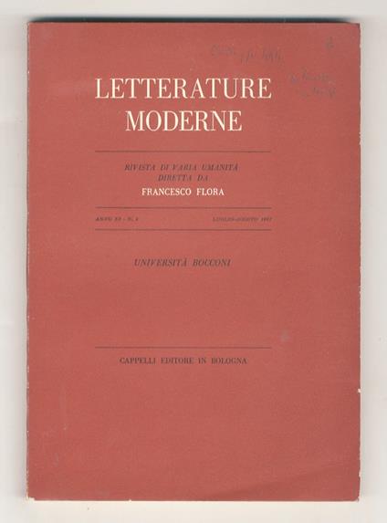 Letterature moderne. Rivista bimestrale di varia umanità diretta da F. Flora. Anno XI - N. 4. (Articoli di: F. Flora, A. Attisani, G. Caravaggi, H. Kasack. Segnaliamo le recensioni di: V. Rizzardi alla "Noia" di Moravia B. Pento sulla poesia di Bert - copertina