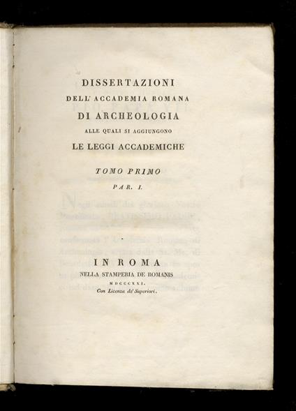 Dissertazioni dell'Accademia Romana d'Archeologia. Alle quali si aggiungono le leggi accademiche. Tomo primo, parte I e II - copertina