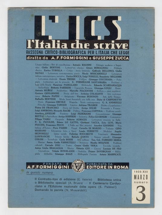 ITALIA (L') che scrive. Rassegna critico-bibliografica per l'Italia che legge. Diretta da A.F. Formìggini Giuseppe Zucca (E. Formìggini Santamaria redattore capo). Anno diciottesimo. 1935. Fascicolo n. 3, marzo - copertina