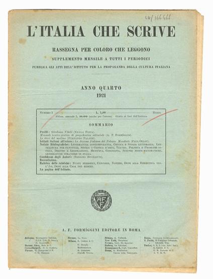 ITALIA (L') che scrive. Rassegna per coloro che leggono. Supplemento mensile a tutti i periodici. Anno quarto. 1921. Fascicolo n. 3 - copertina