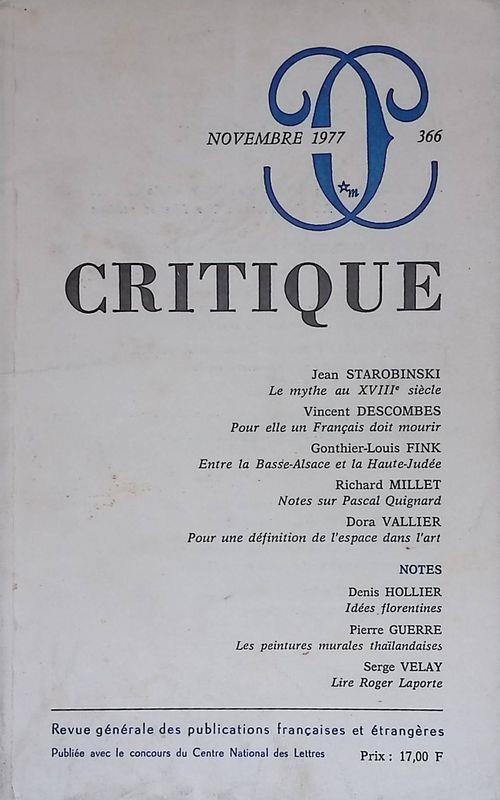 Critique. Revue generale des publications francaises et etrangeres. N. 366, Novembre 1977