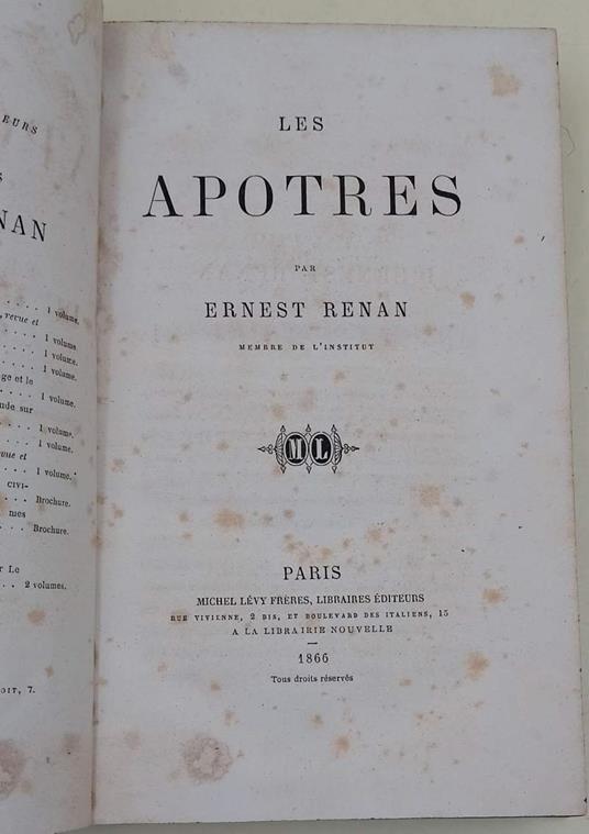 Les Apotres - Ernest Renan - copertina