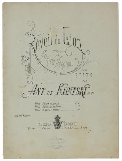 REVEIL DU LION. Caprice Heroique pour piano op.115 (Edition originale) - De Kontski Antoine - Edizioni Ricordi, - 1882 - copertina