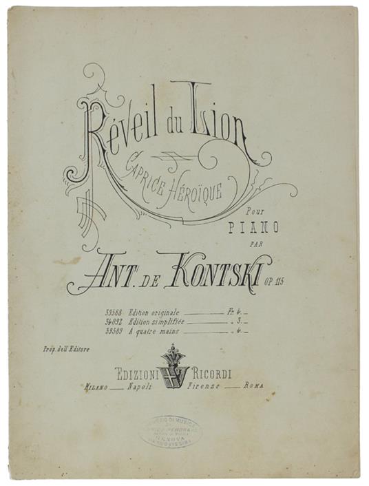 REVEIL DU LION. Caprice Heroique pour piano op.115 (Edition originale) - De Kontski Antoine - Edizioni Ricordi, - 1882 - copertina