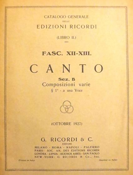 Catalogo generale Edizioni Ricordi: Libro II: Fasc XII-XIII: Canto: Sez. B: composizioni varie - copertina